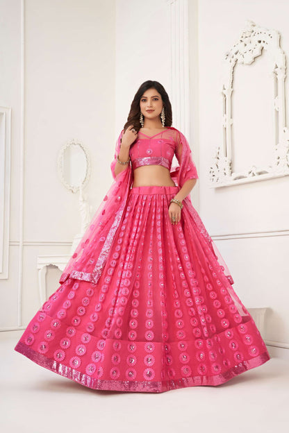 Pink Embroidered Lehenga Choli in Net