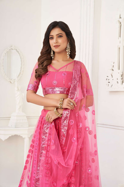 Pink Embroidered Lehenga Choli in Net