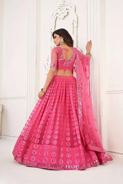 Pink Embroidered Lehenga Choli in Net