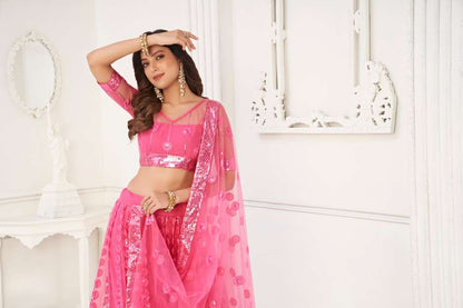 Pink Embroidered Lehenga Choli in Net