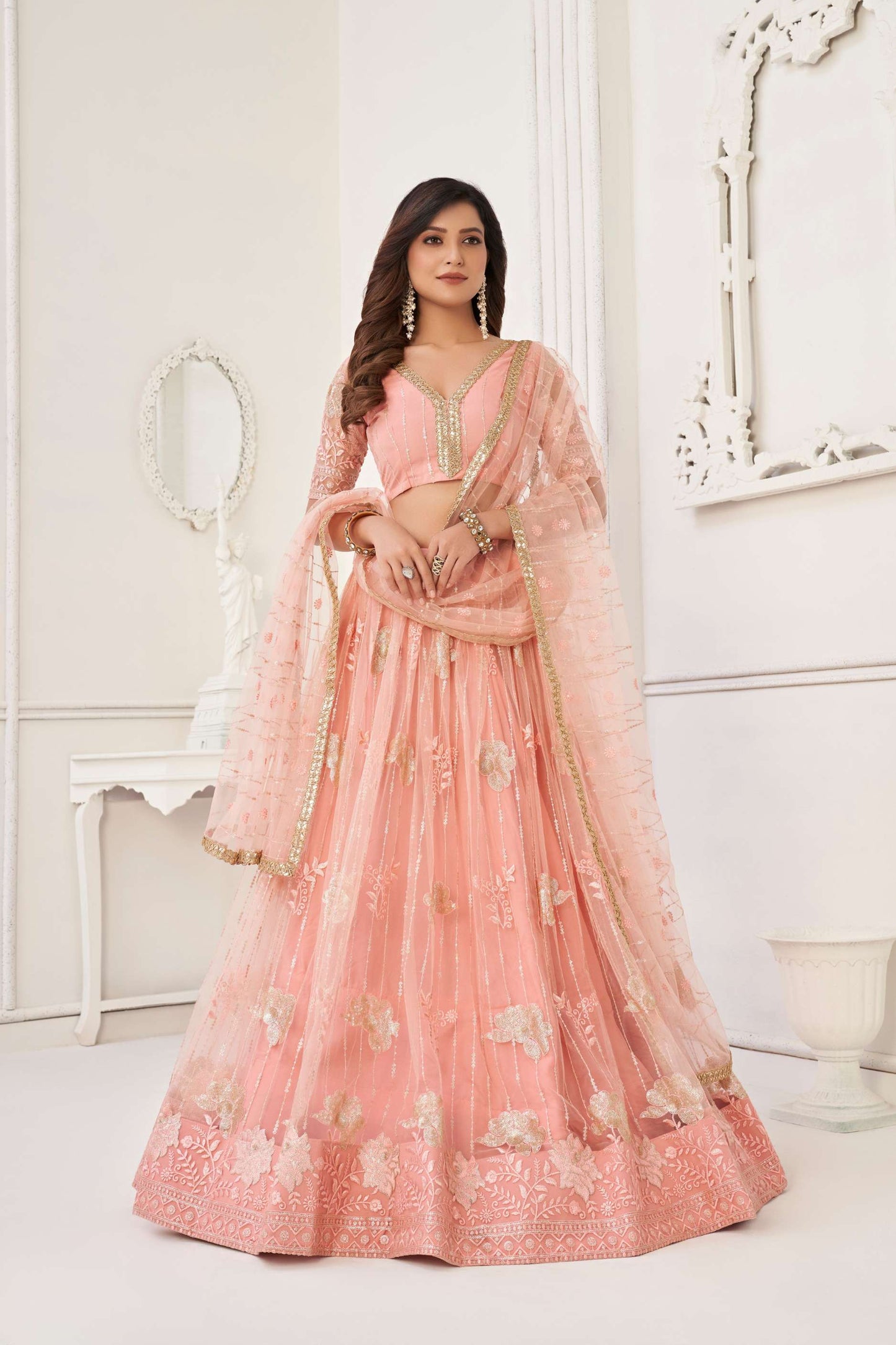 Peach Embroidered Lehenga Choli