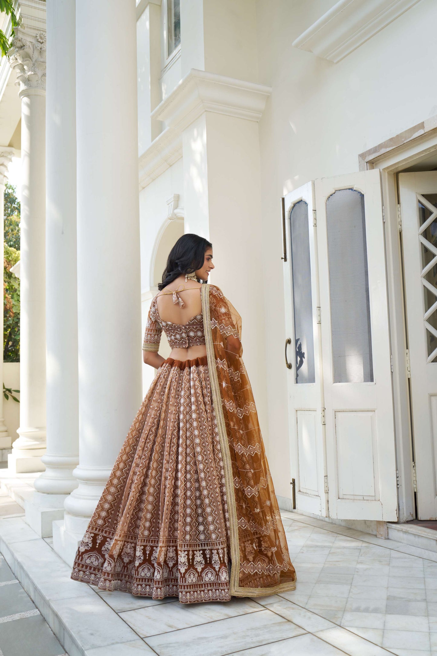 Brown Embroidered Net Lehenga Choli