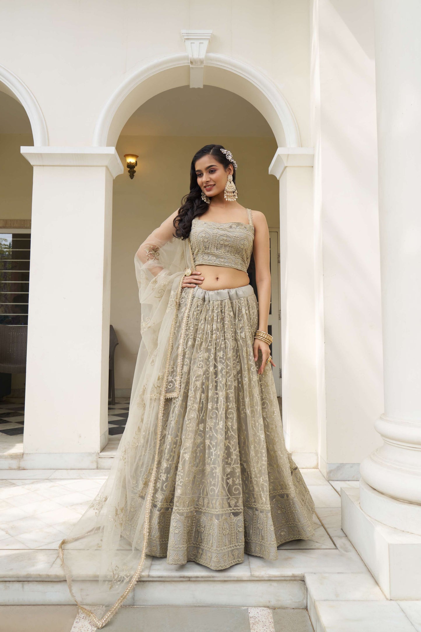Grey Thread Embroidered Lehenga Choli