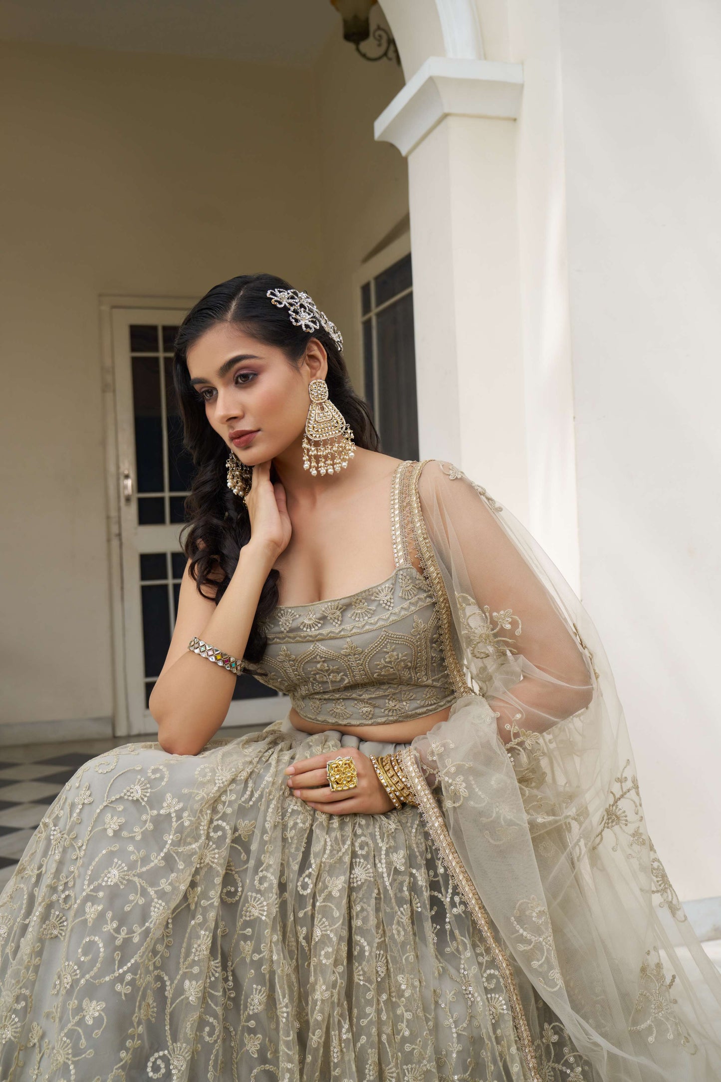Grey Thread Embroidered Lehenga Choli