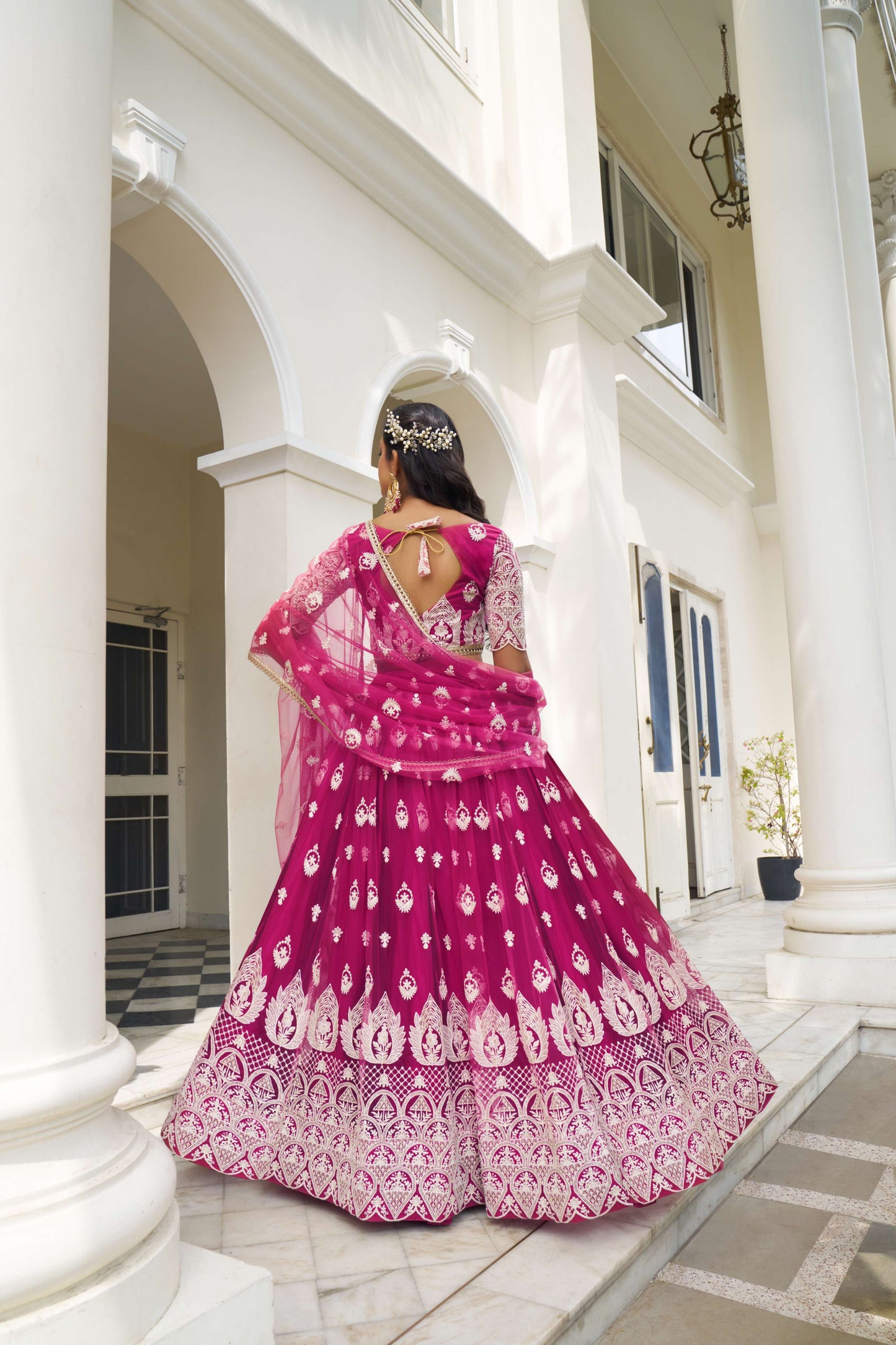 Pink Net Lehenga Choli In Thread Embroidary