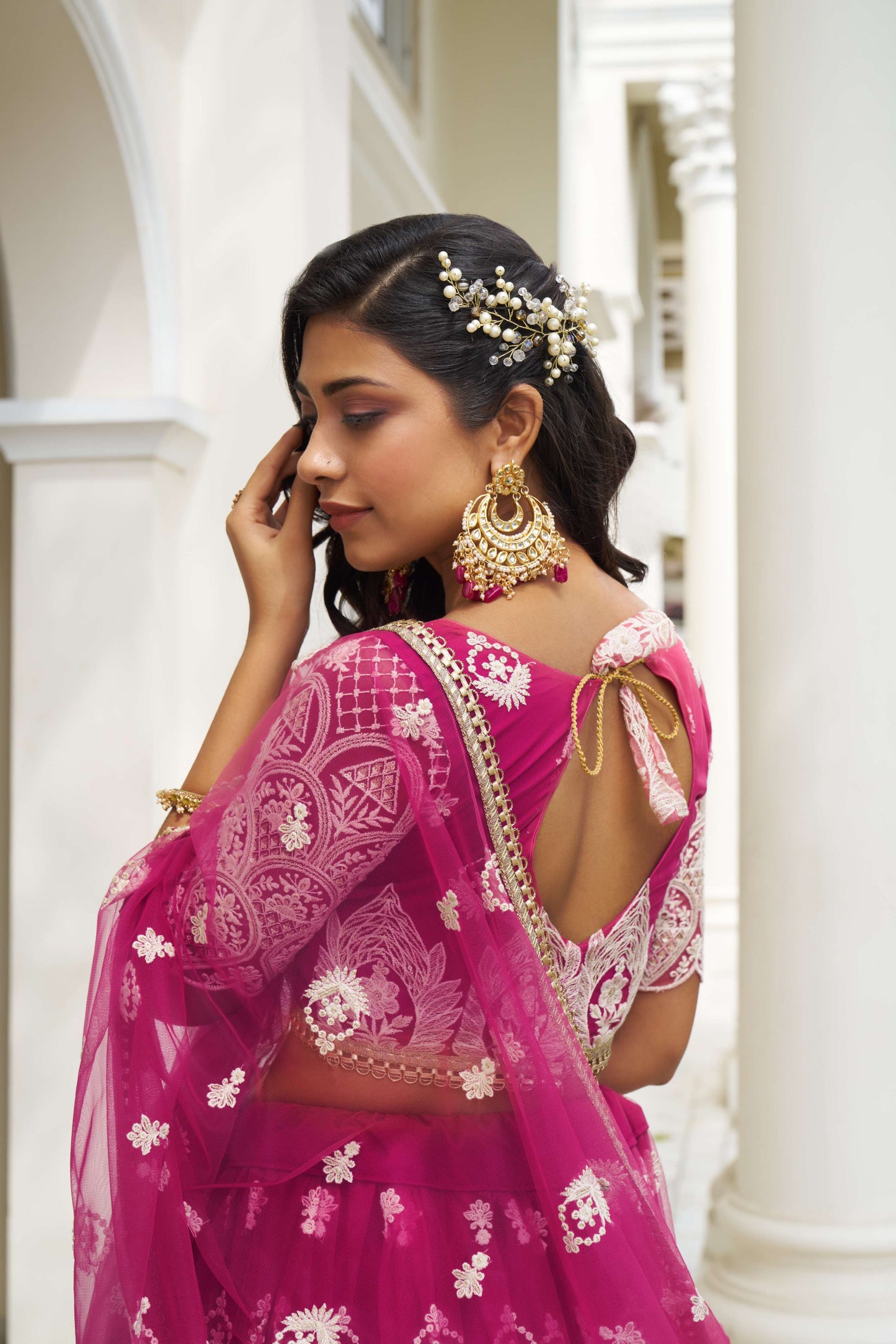 Pink Net Lehenga Choli In Thread Embroidary