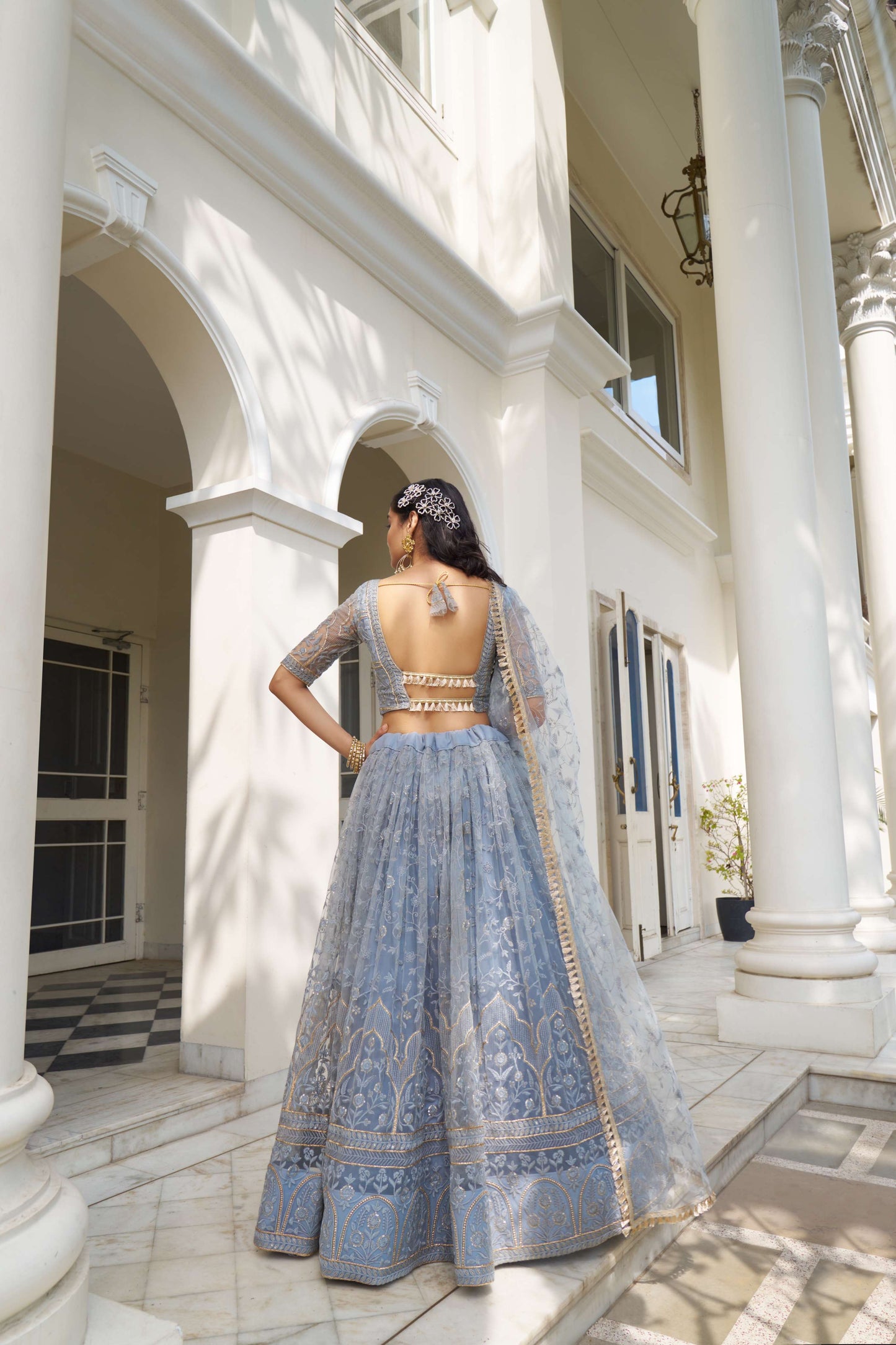 Grey Light Blue Thread Embroidered Lehenga Choli