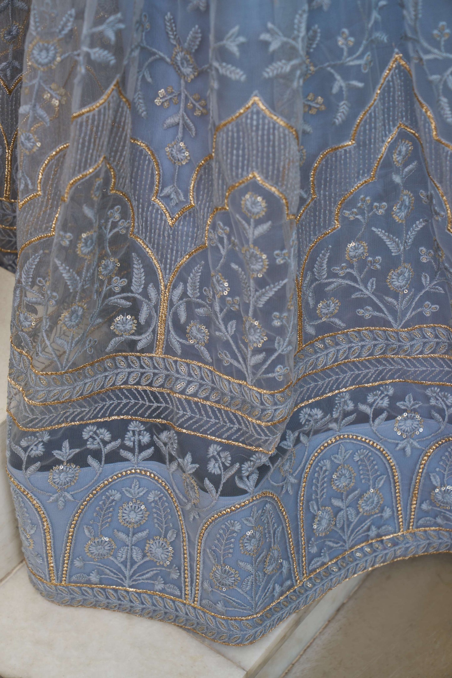 Grey Light Blue Thread Embroidered Lehenga Choli
