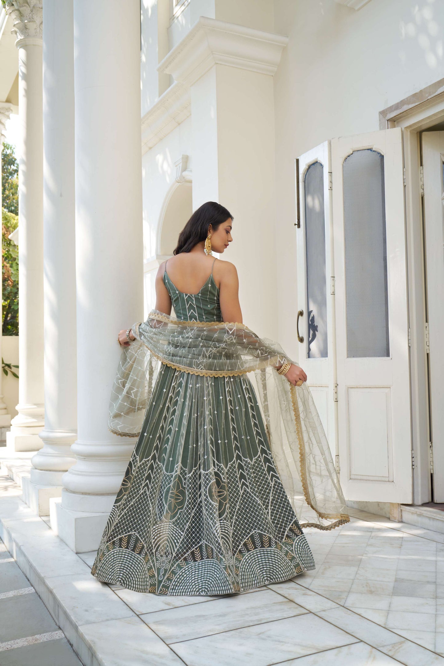 Dusty Green Embroidered Net Lehenga Choli