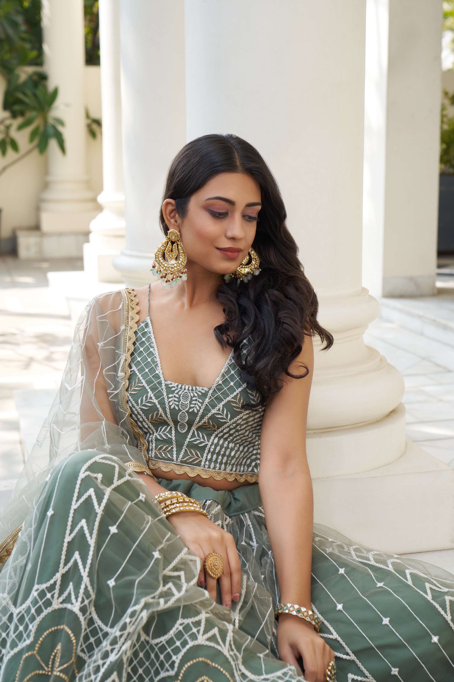 Dusty Green Embroidered Net Lehenga Choli