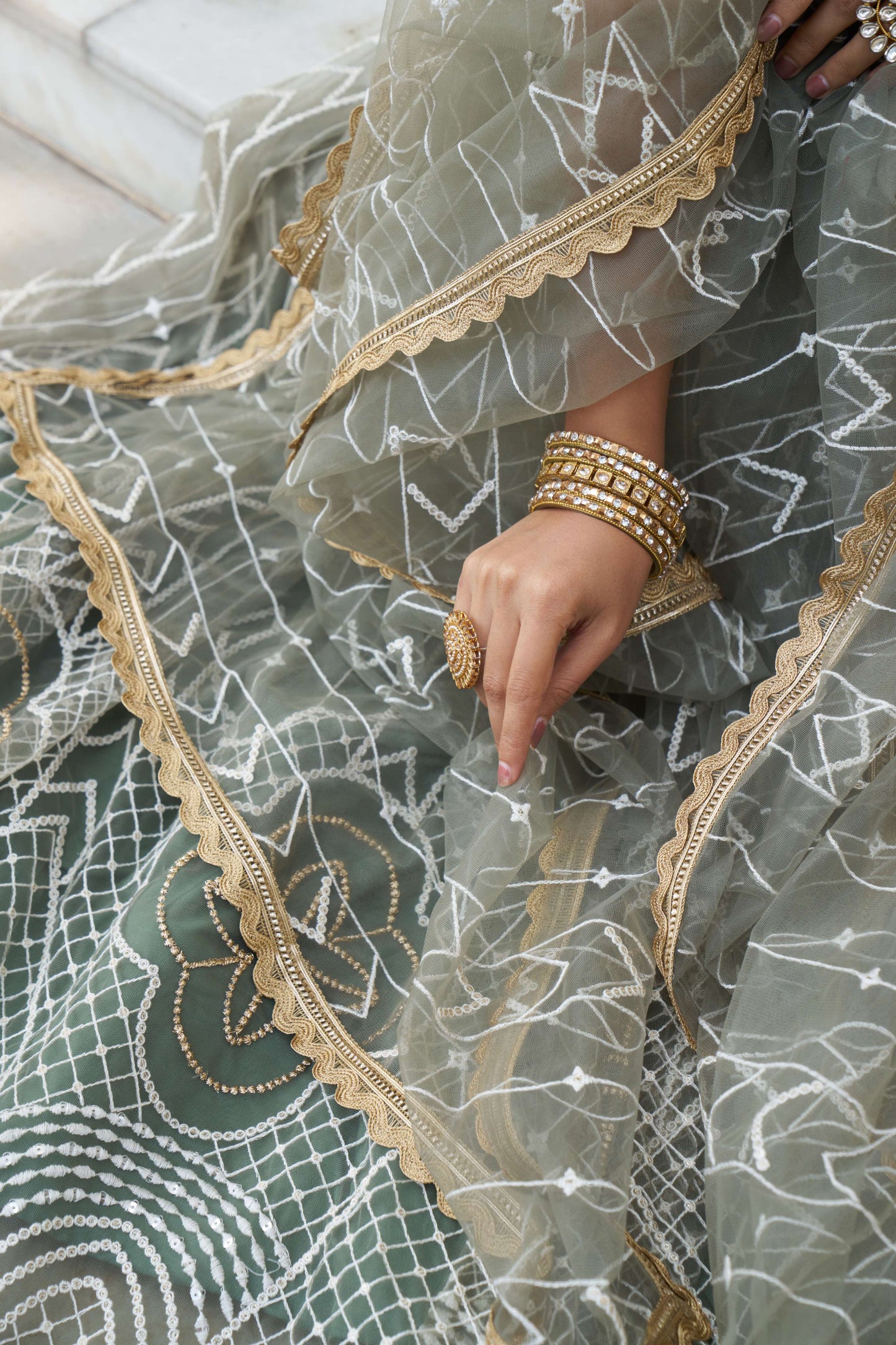 Dusty Green Embroidered Net Lehenga Choli