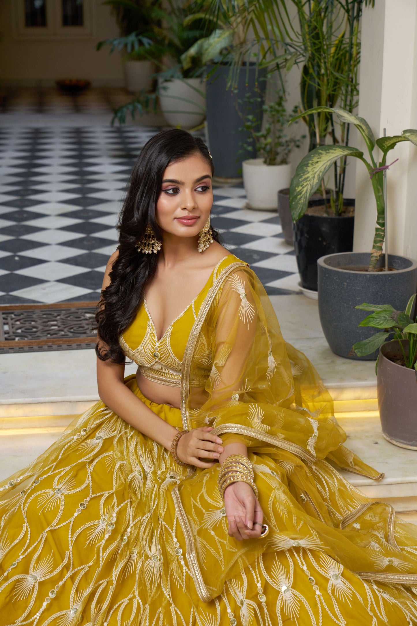 Yellow Thread Embroidery Lehenga Choli in Net