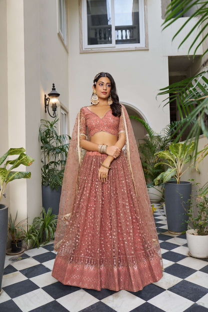 Rust Red Thread Embroidered Net Lehenga Choli