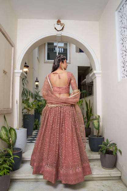 Rust Red Thread Embroidered Net Lehenga Choli