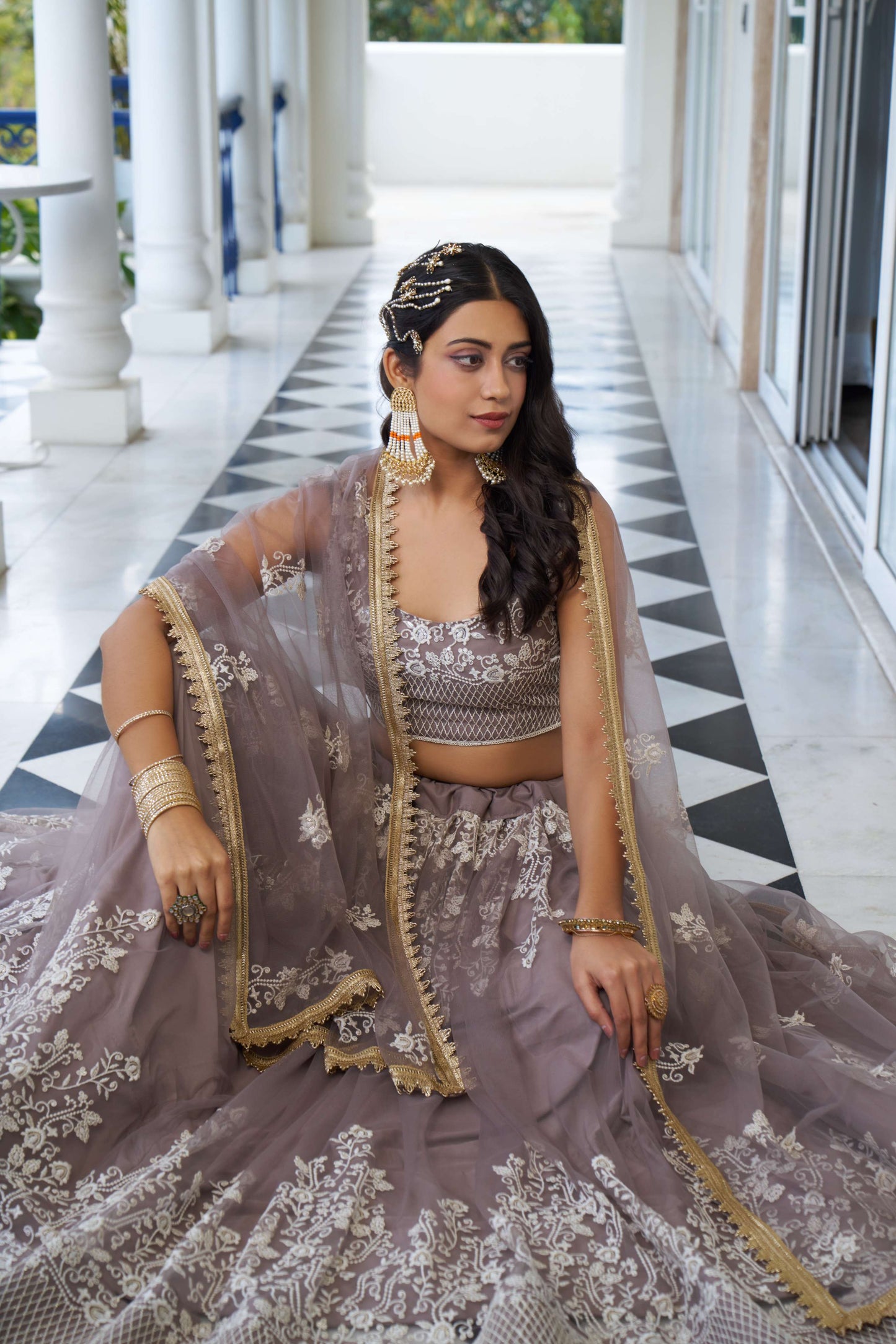 Dusty Brown Thread Embroidery Net Lehenga Choli