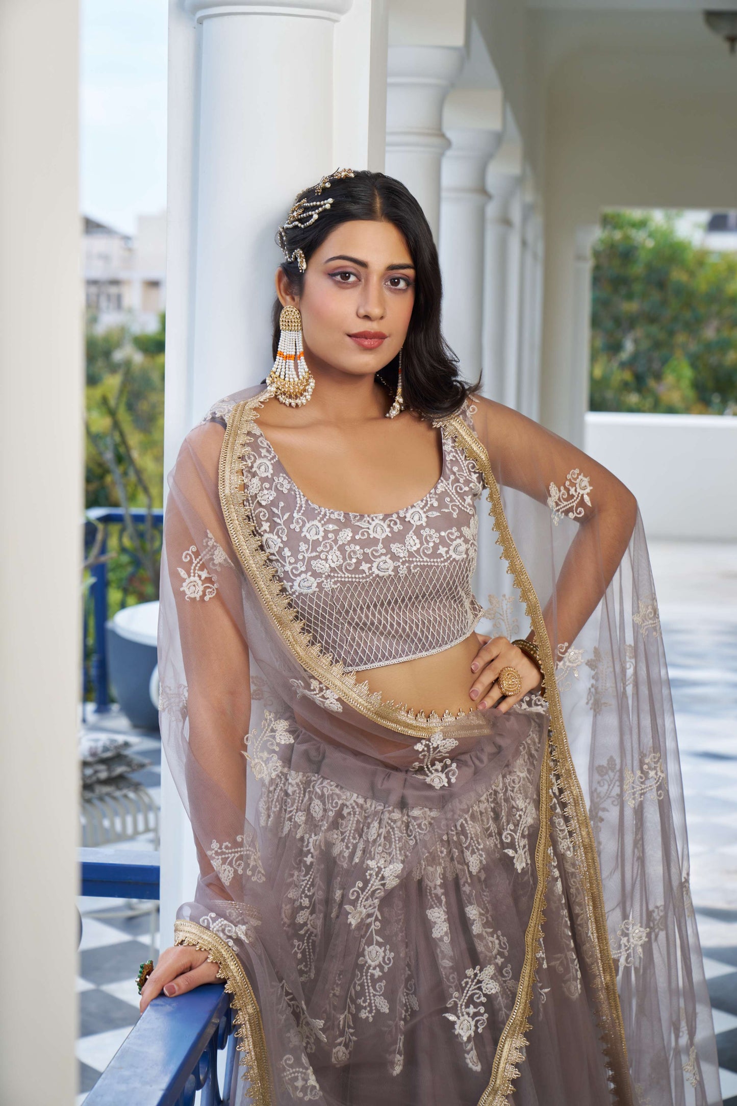 Dusty Brown Thread Embroidery Net Lehenga Choli