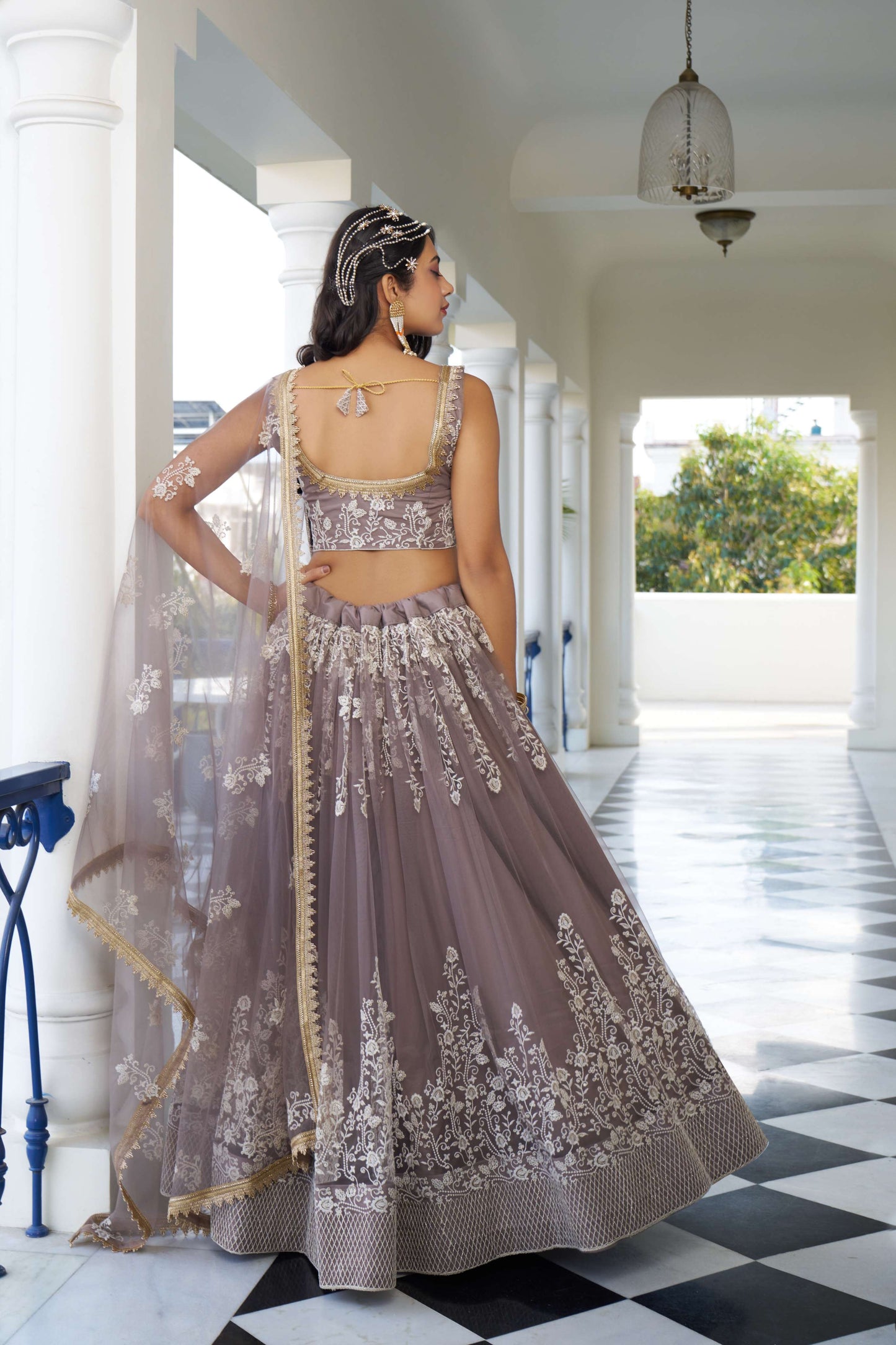 Dusty Brown Thread Embroidery Net Lehenga Choli