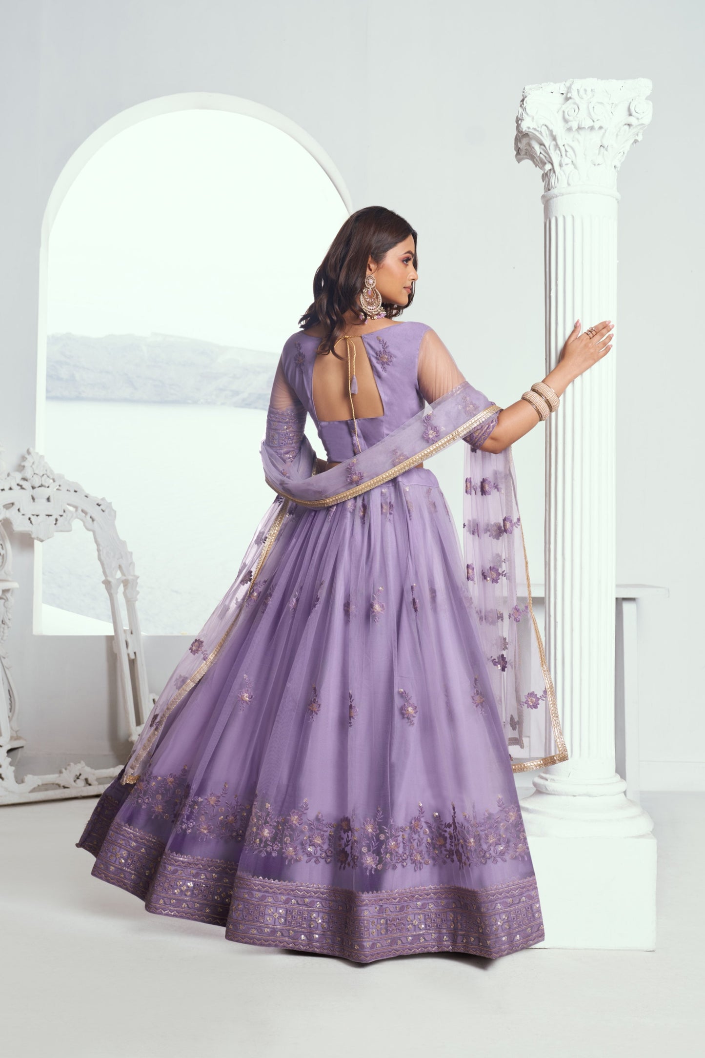Lavender Embroidered Lehenga Choli in Net