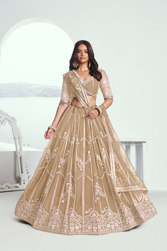 Beige Embroidered Net Lehenga Choli