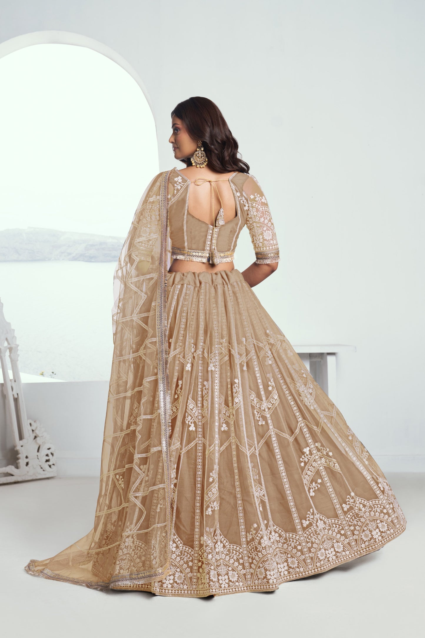 Beige Embroidered Net Lehenga Choli