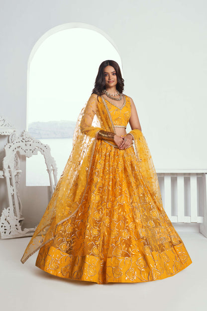 Yellow Embroidered Party Wear Lehenga Choli