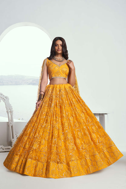 Yellow Embroidered Party Wear Lehenga Choli