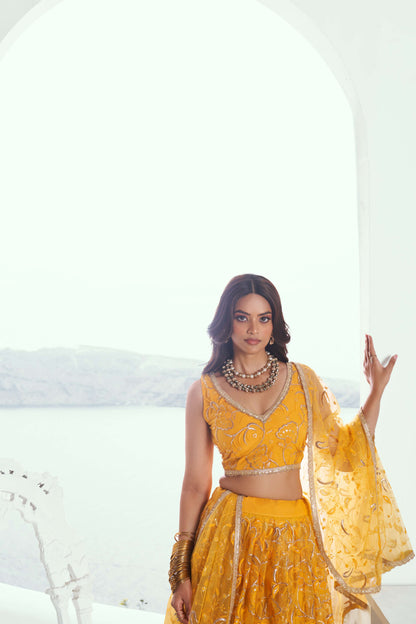 Yellow Embroidered Party Wear Lehenga Choli