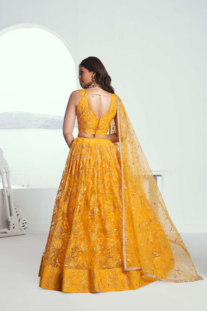 Yellow Embroidered Party Wear Lehenga Choli