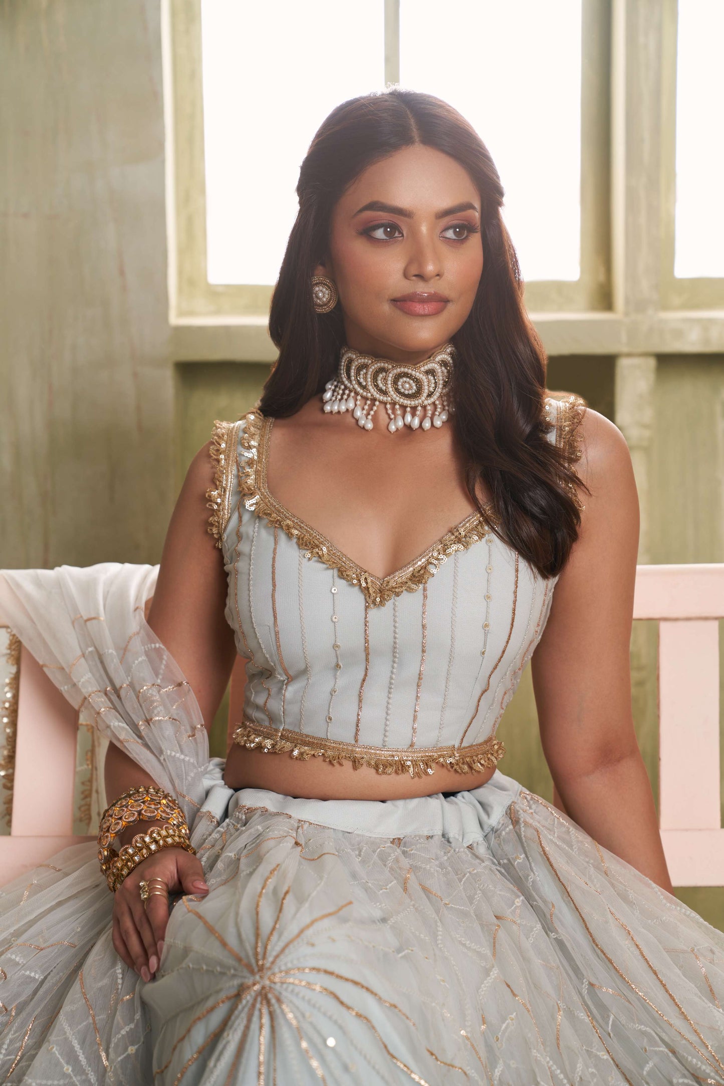 Light Grey Embellilshed Net Lehenga Choli