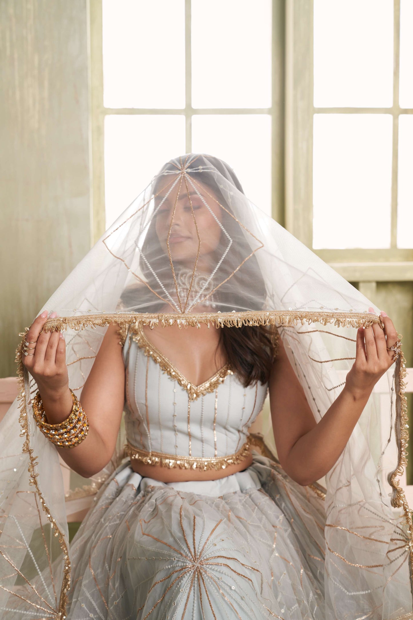 Light Grey Embellilshed Net Lehenga Choli