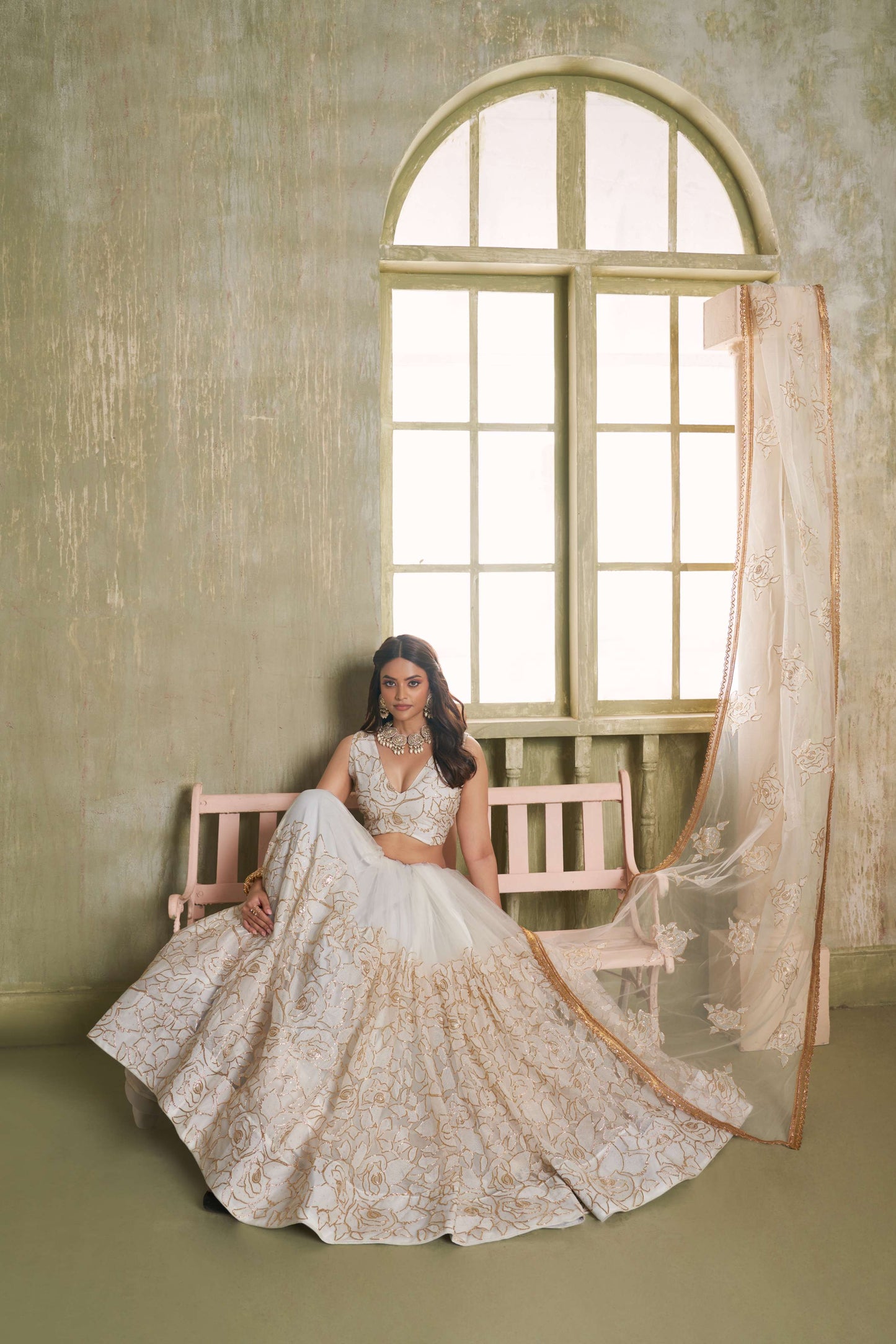 Off White Embroidered Party wear Lehenge Choli