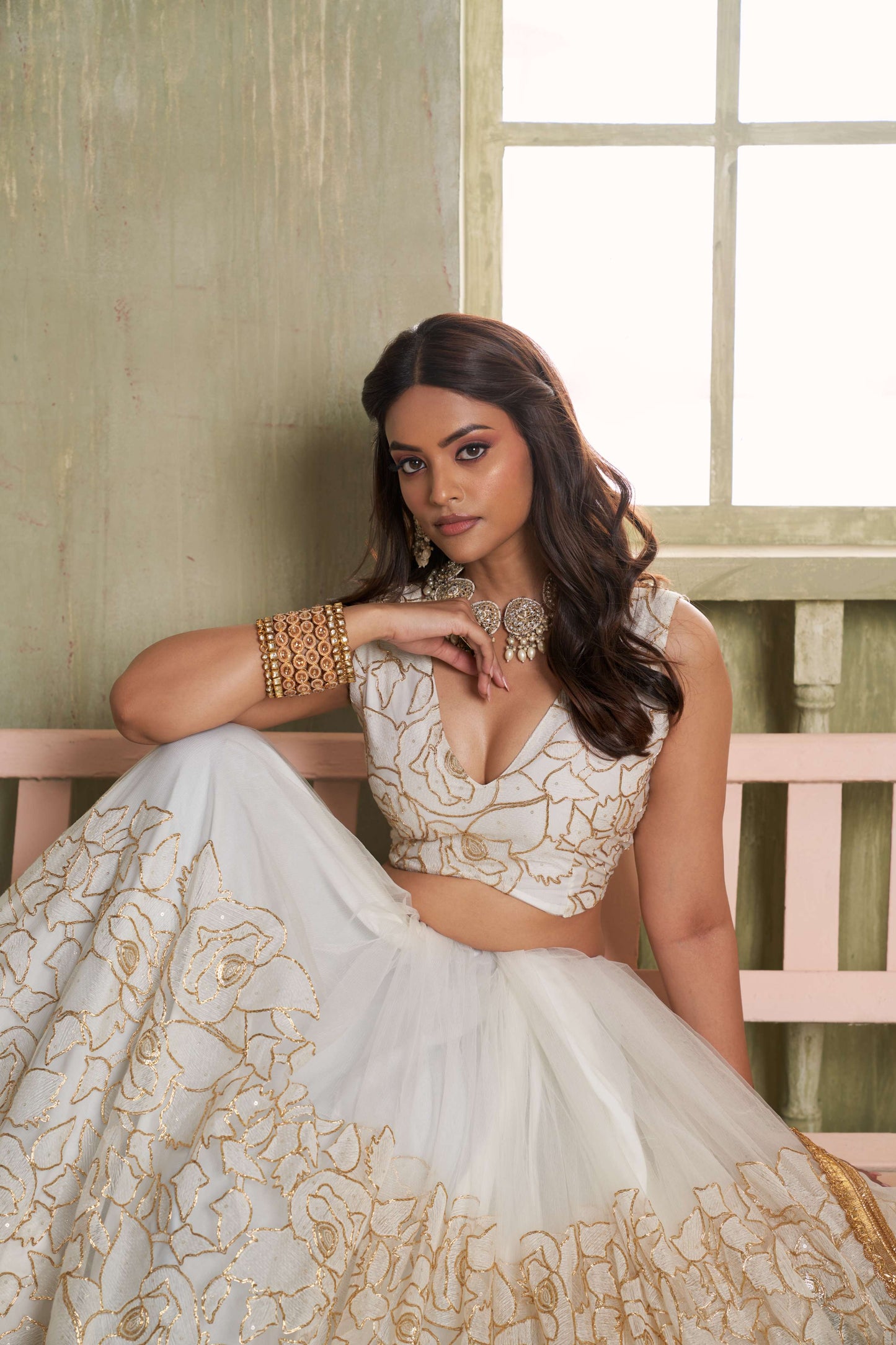Off White Embroidered Party wear Lehenge Choli