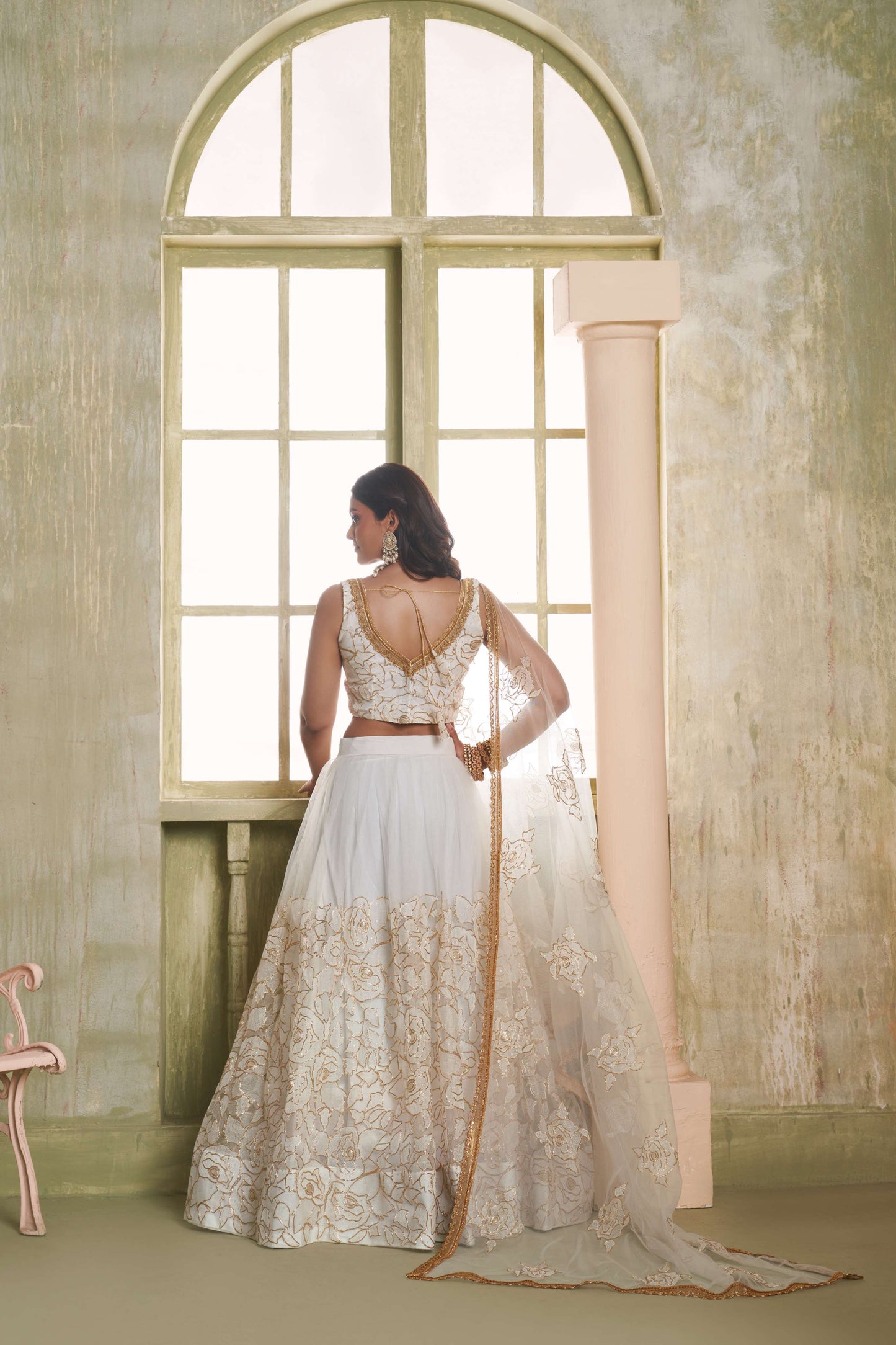 Off White Embroidered Party wear Lehenge Choli