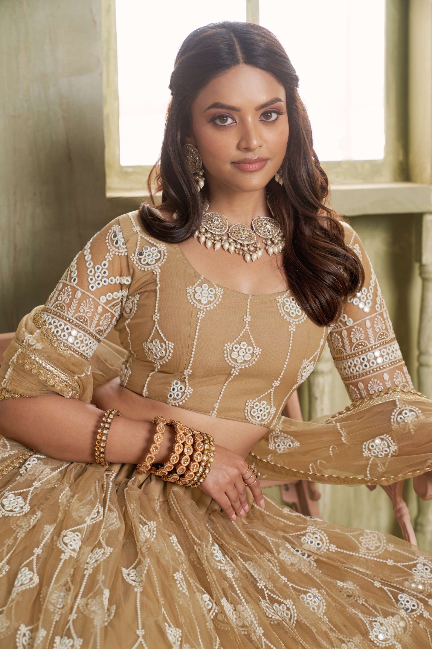 Golden Beige Embroidered Lehenga Choli
