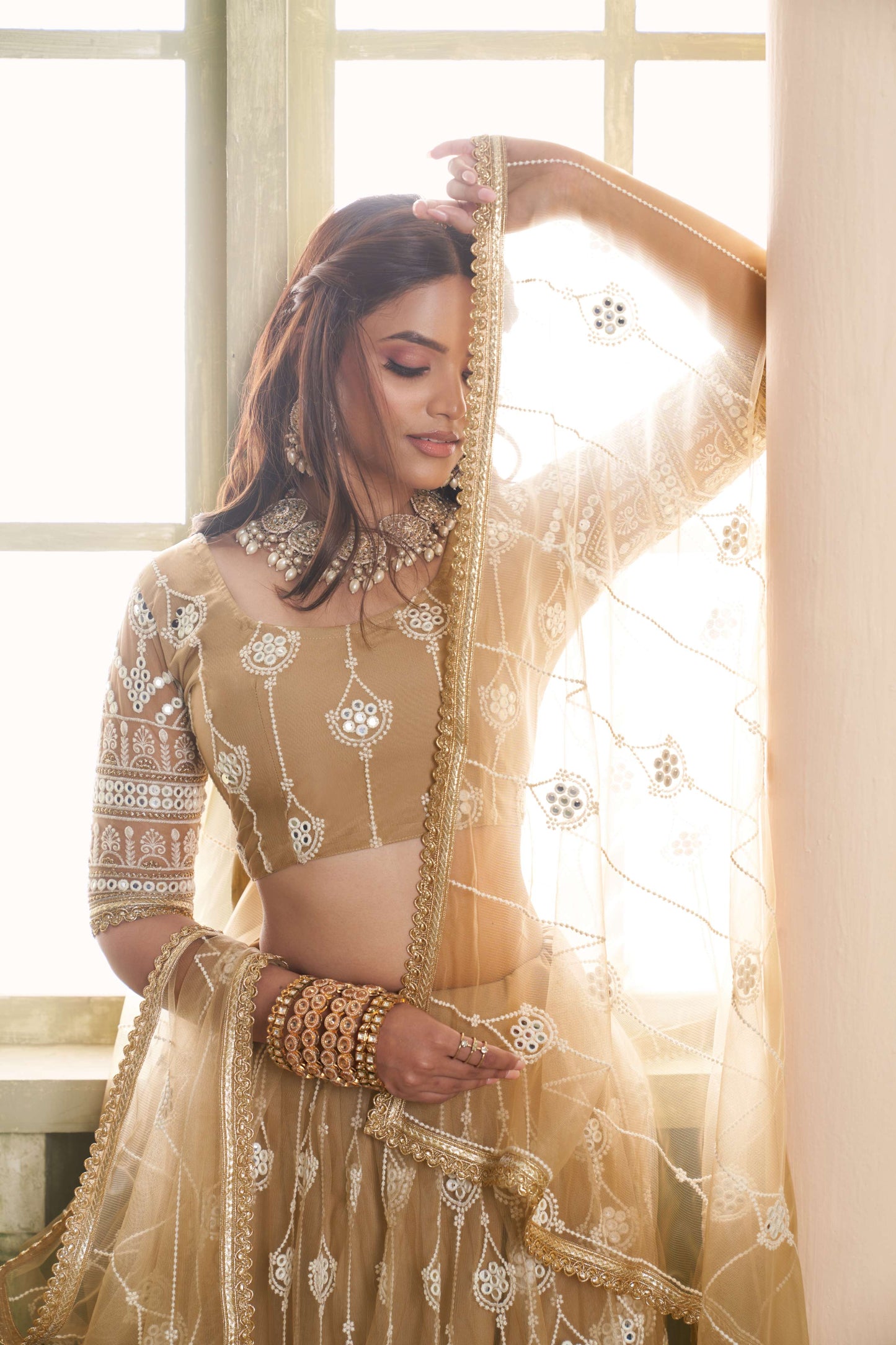 Golden Beige Embroidered Lehenga Choli