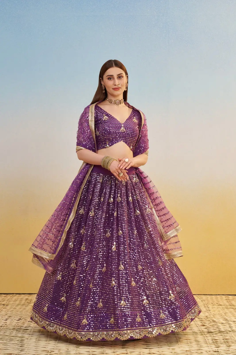 Purple Embroidered Lehenga Choli in Net