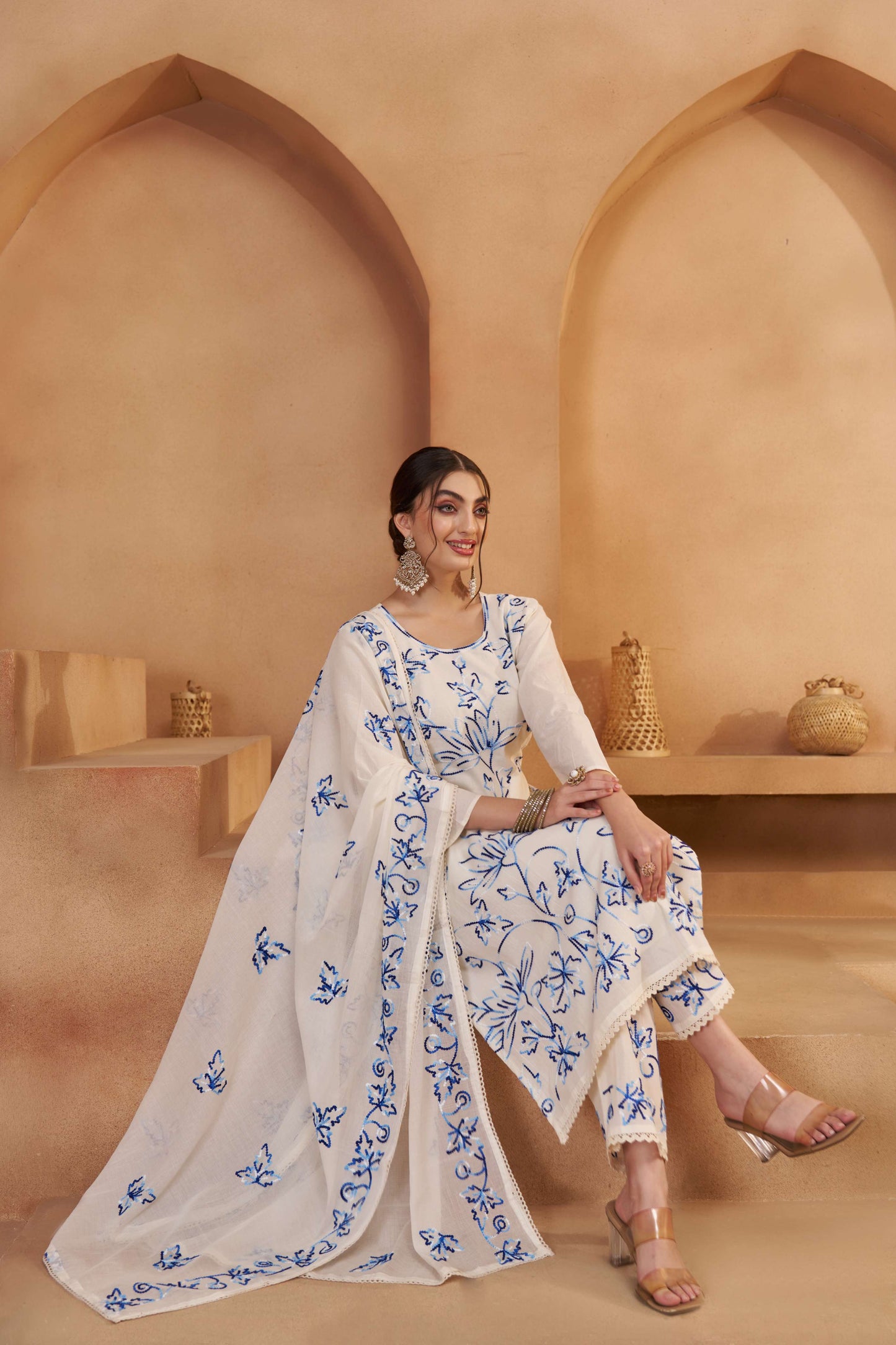 Off-White & Blue Bombay Cotton Thread Embroidered Salwar Suit