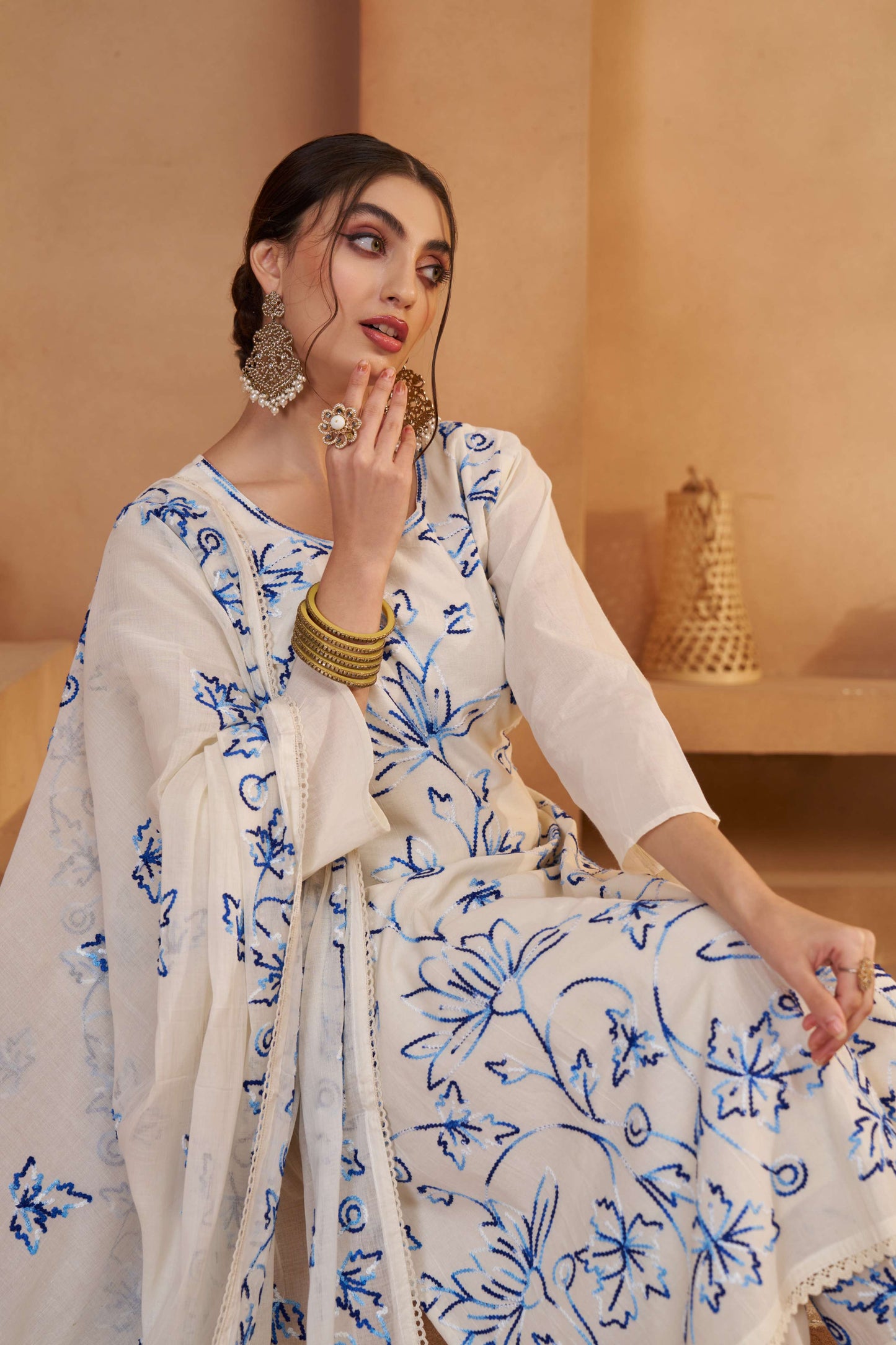 Off-White & Blue Bombay Cotton Thread Embroidered Salwar Suit