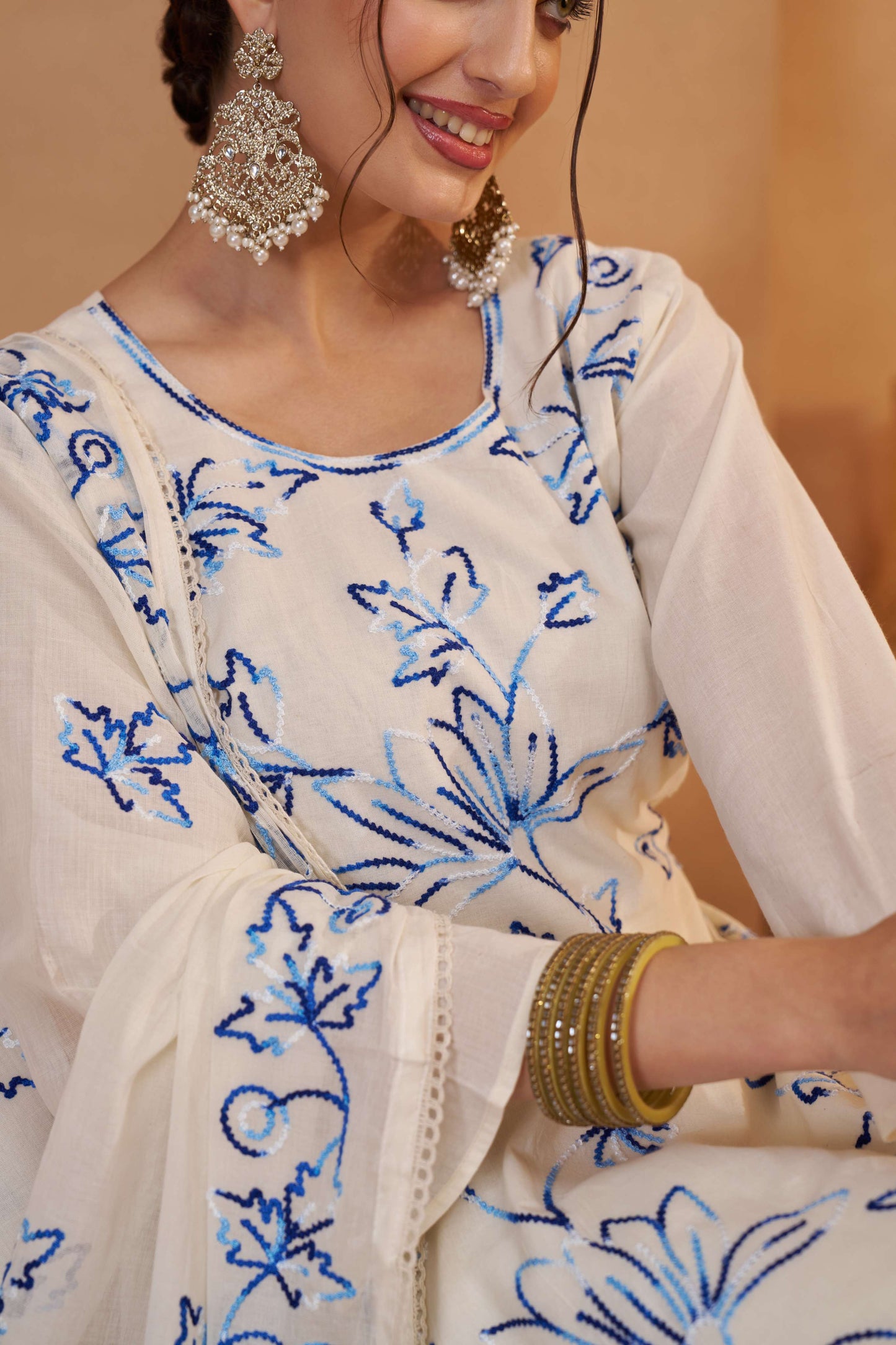 Off-White & Blue Bombay Cotton Thread Embroidered Salwar Suit