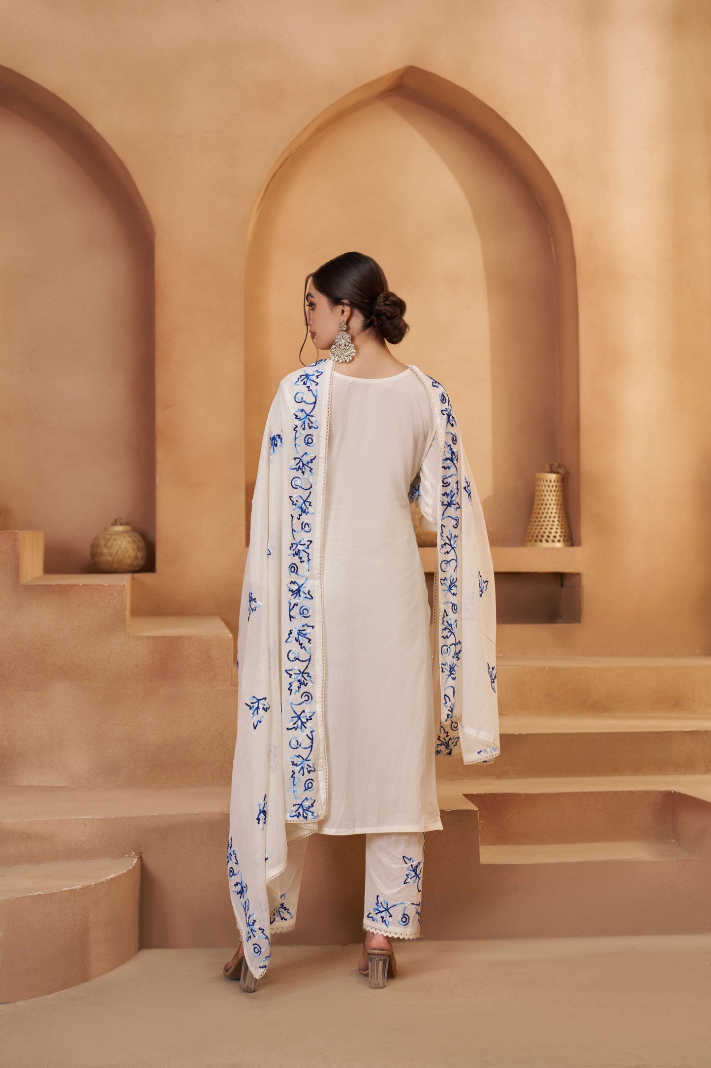 Off-White & Blue Bombay Cotton Thread Embroidered Salwar Suit