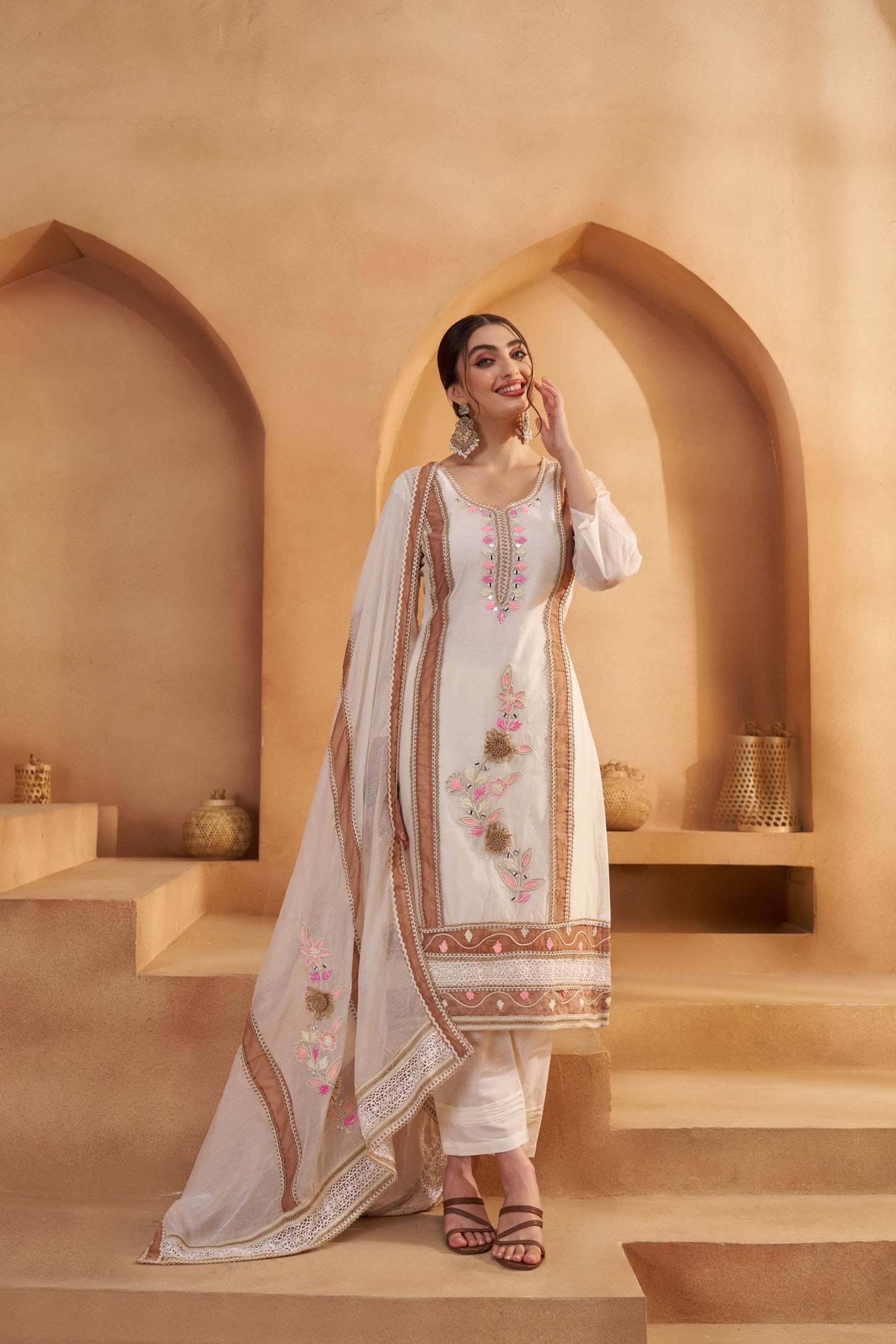 Off-White & Brown Bombay Cotton Embroidered Salwar Suit