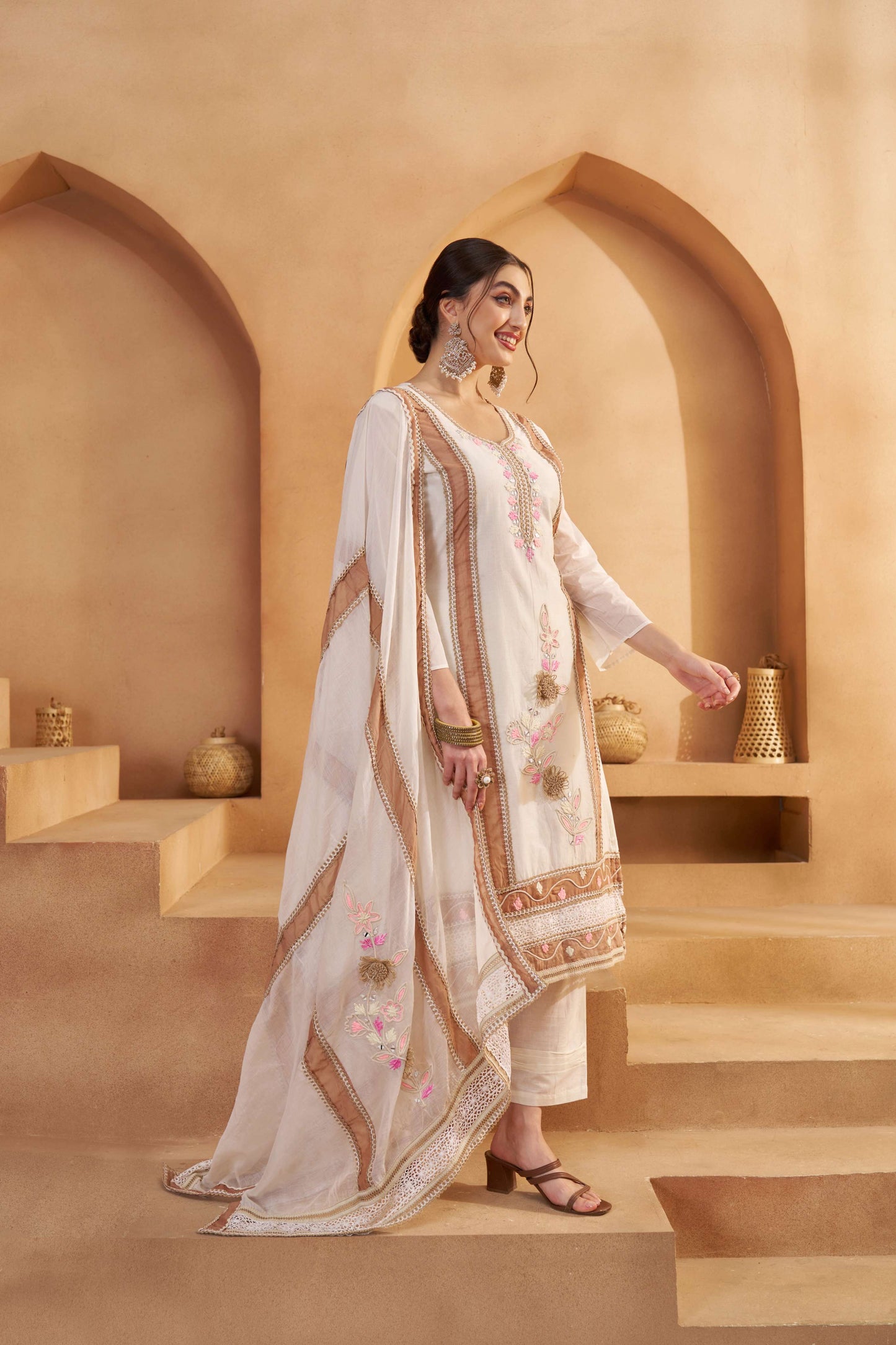 Off-White & Brown Bombay Cotton Embroidered Salwar Suit