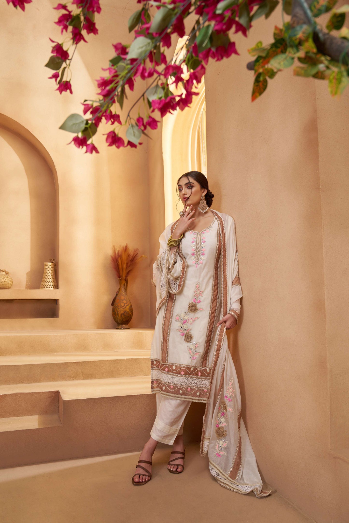 Off-White & Brown Bombay Cotton Embroidered Salwar Suit