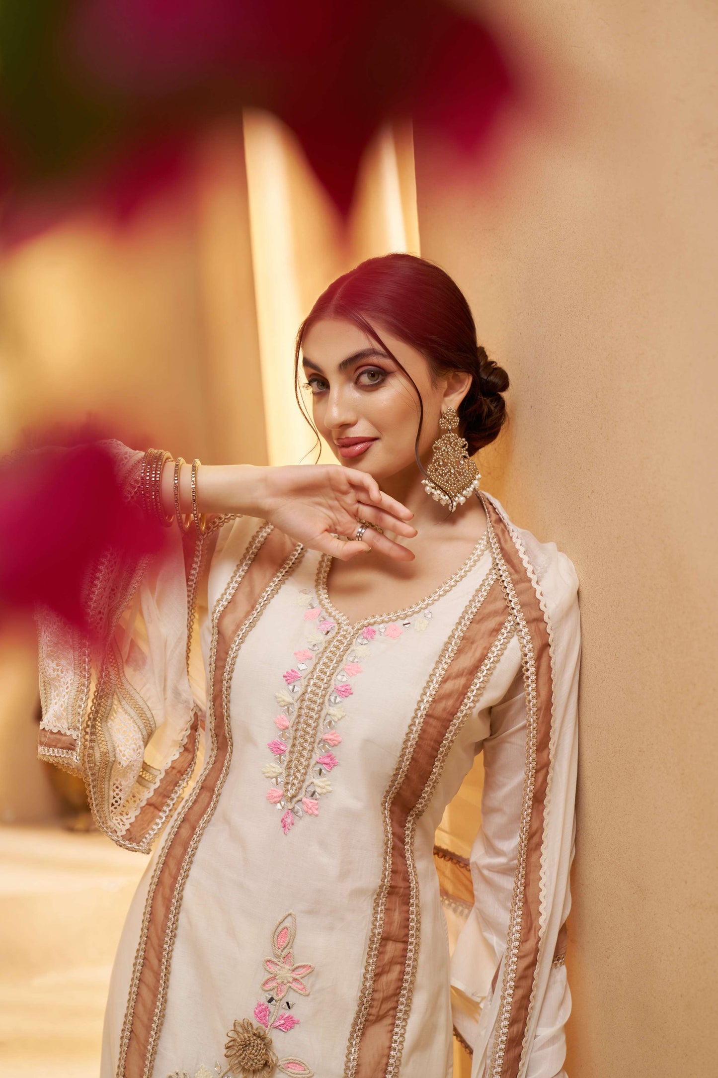 Off-White & Brown Bombay Cotton Embroidered Salwar Suit