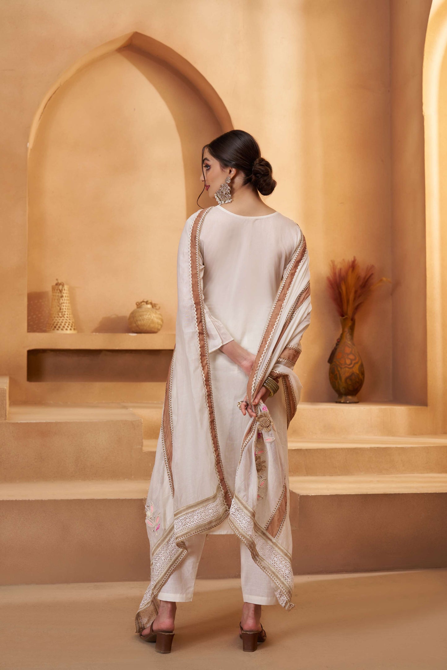 Off-White & Brown Bombay Cotton Embroidered Salwar Suit