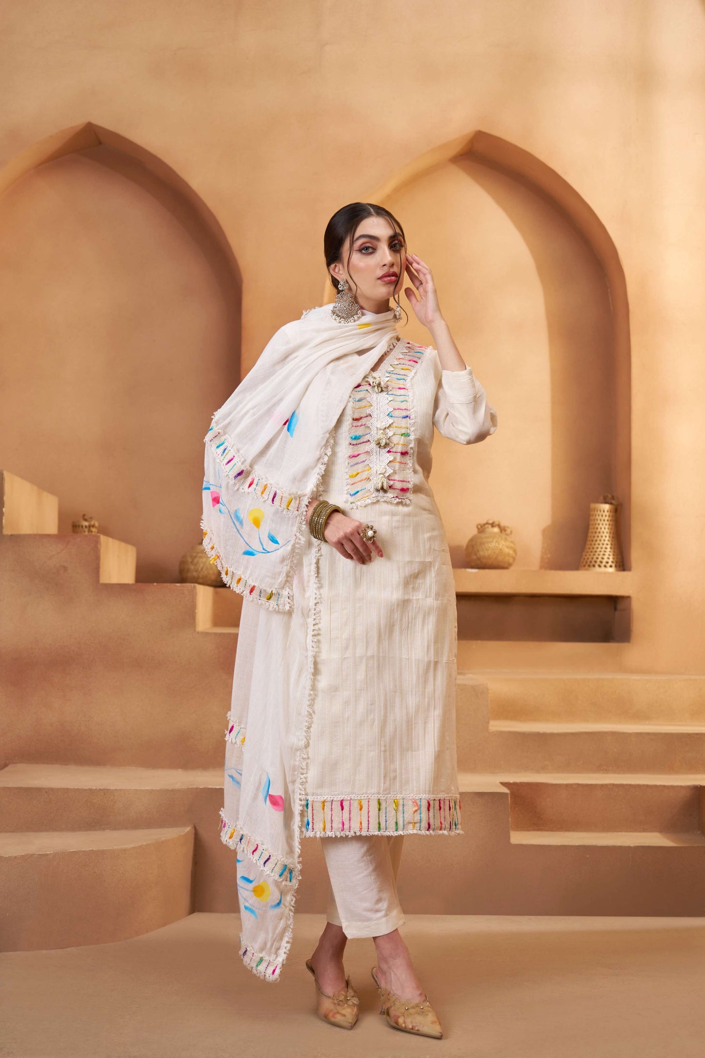 Off-White & Multi Color Bombay Cotton Embroidered Salwar Suit