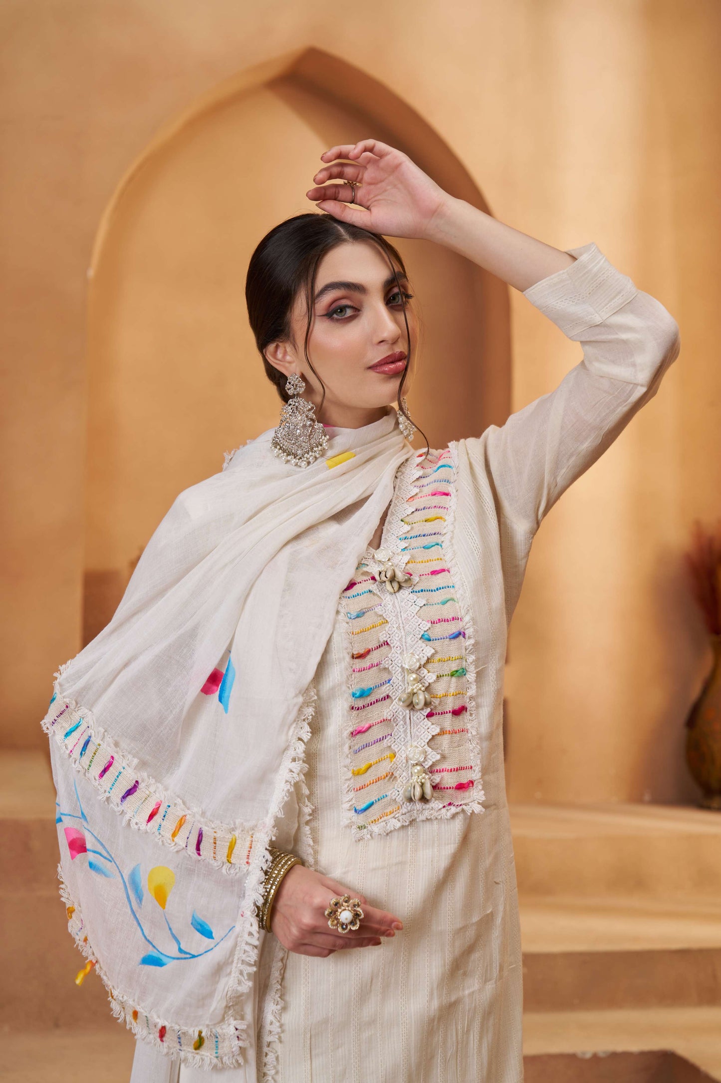 Off-White & Multi Color Bombay Cotton Embroidered Salwar Suit